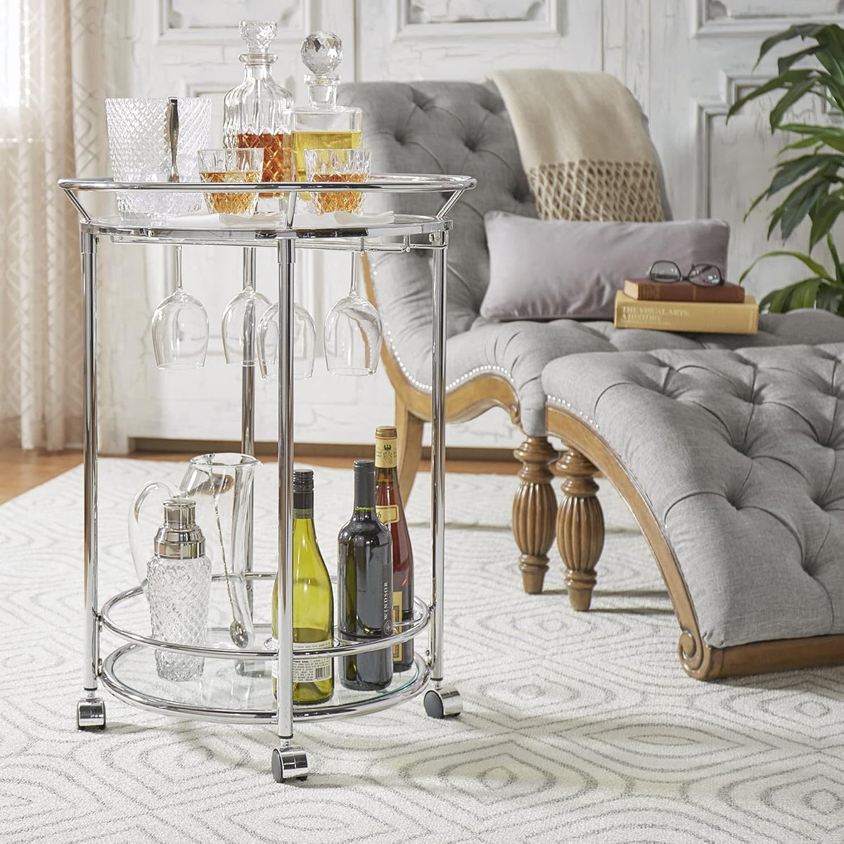 Round Chrome Metal Glass Top Bar Cart O713
