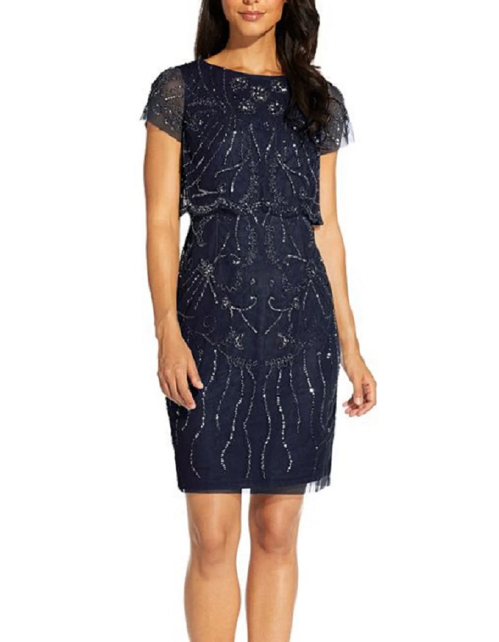 Navy Beaded Short Sleeve Boat Neck Sheath Dress 6 Y649380