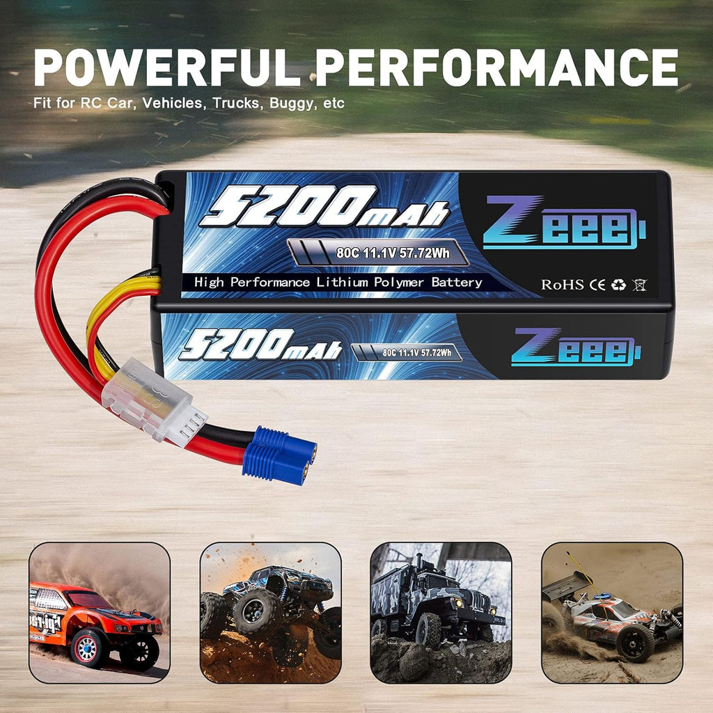 3S Lipo Battery 5200mAh 11.1V 80C with EC3 Plug Hard Case Battery (2 Pack) M721950