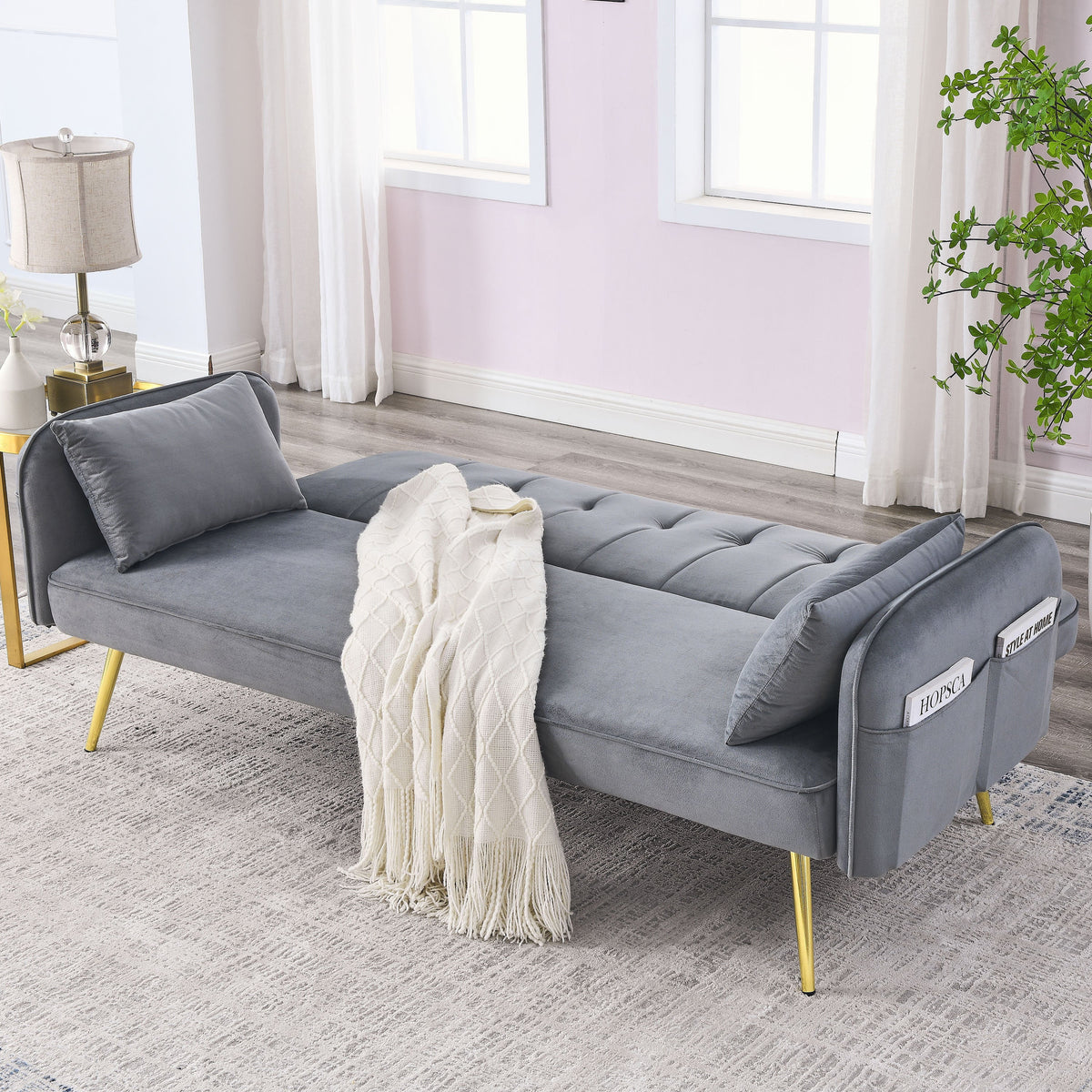 Grey Convertible Velvet Sofa Bed I692