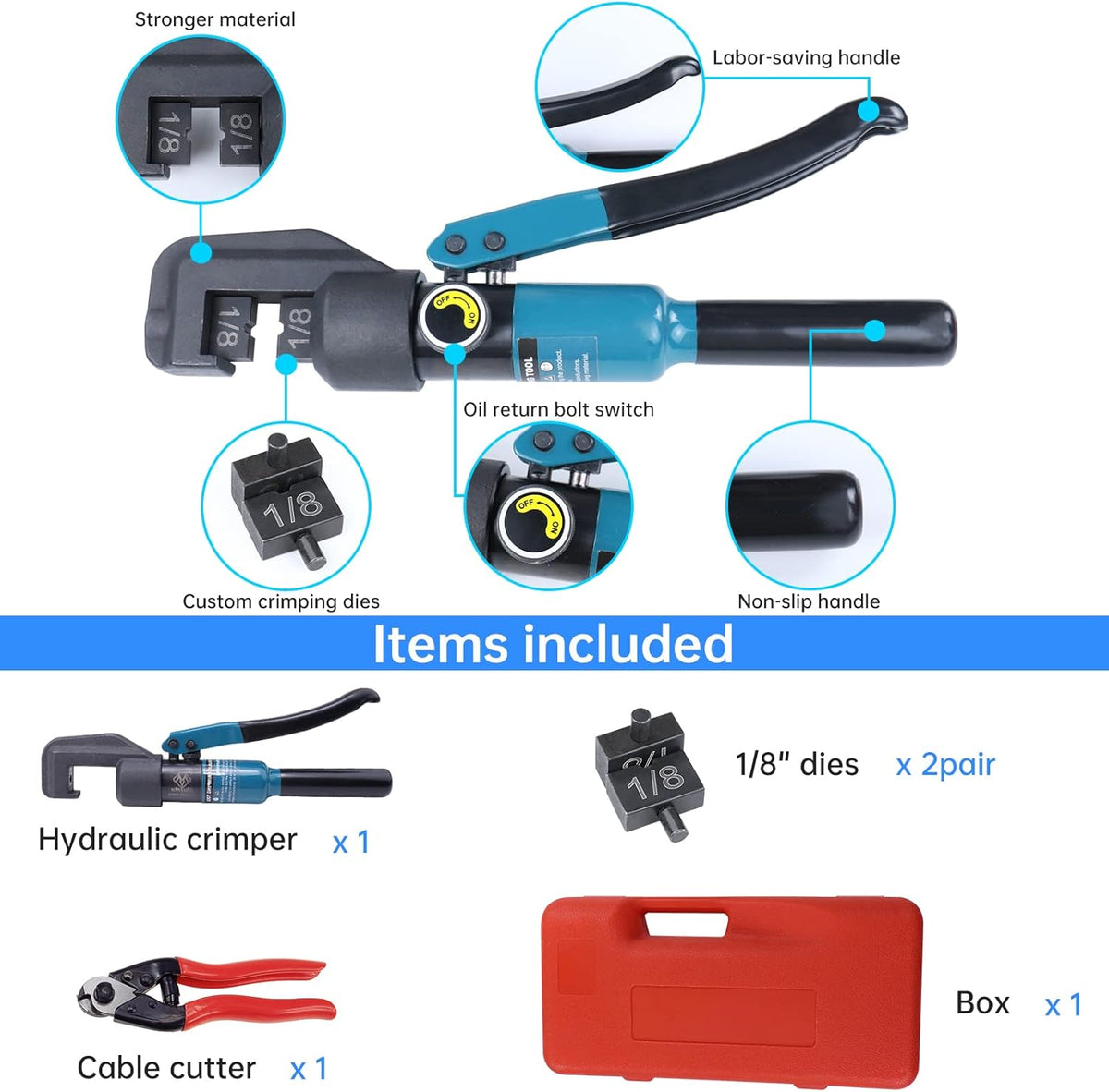 45ton Hydraulic Hand Crimper Tool for 1/8" Stainless Steel Cable Railing Hardware Wire Rope Swaging with Wire Cable Cutter H5203