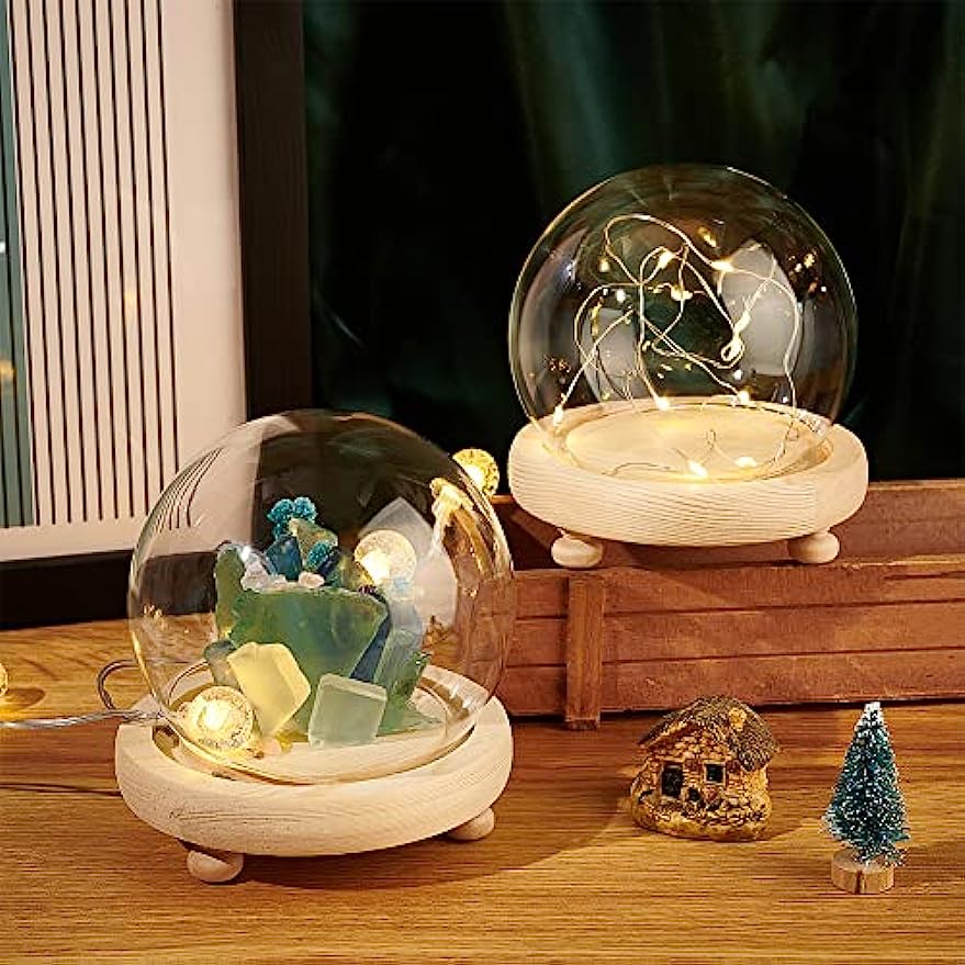 2 Sets Round Glass Display Dome with Wood Base L228