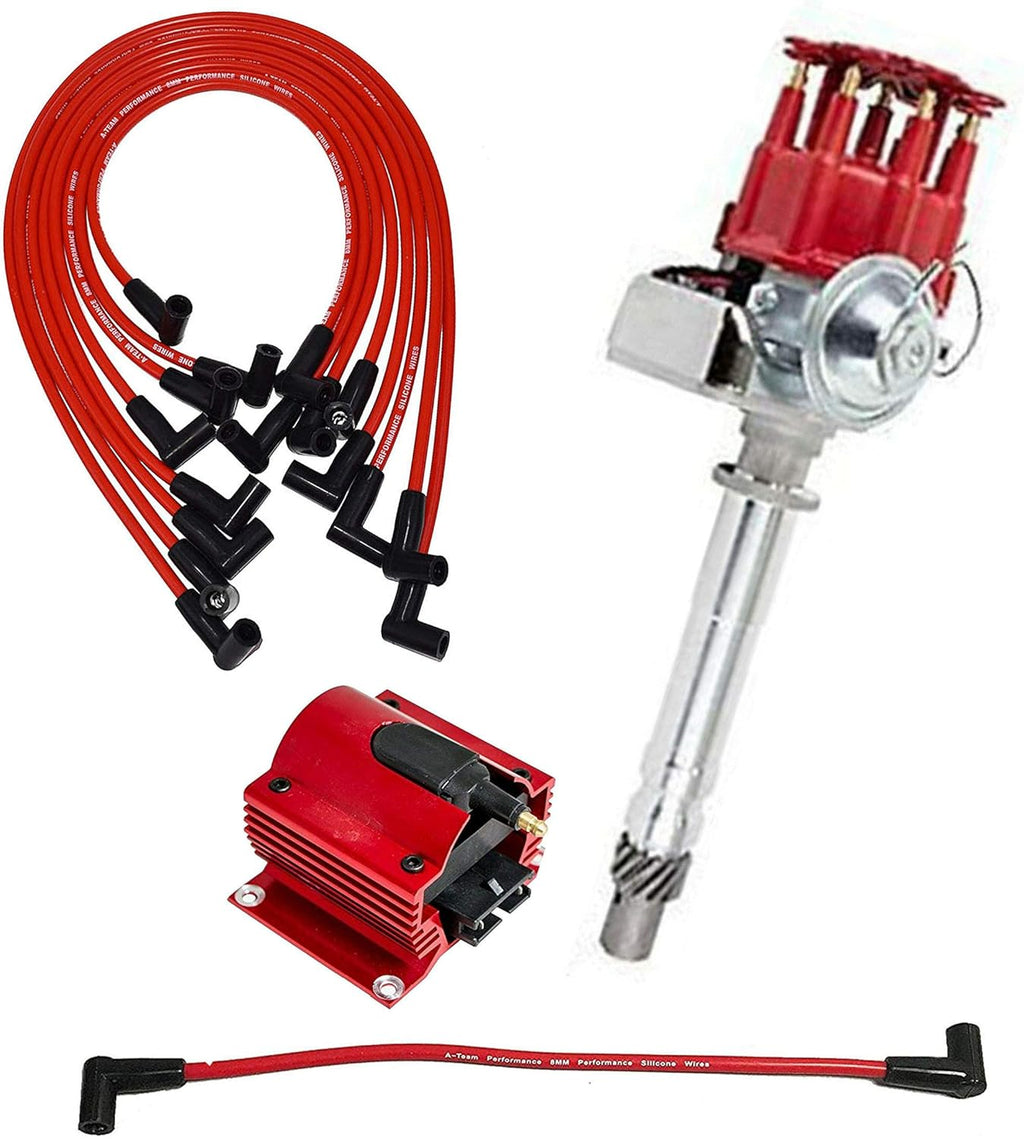 Red Cap Distributor Coil and Red 8mm Spark Plug Wires Set U945