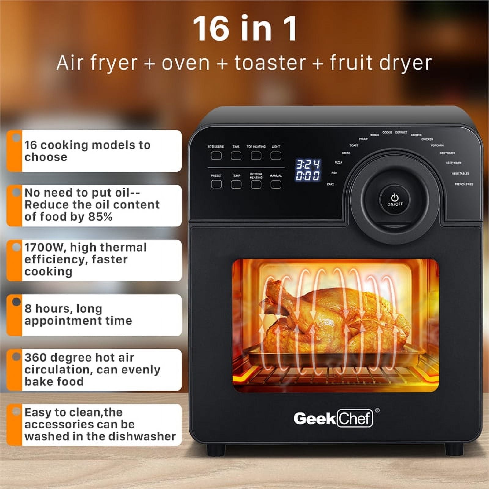 Black 16-in-1 Digital Air Fryer Oven with Rotisserie and Dehydrator K138