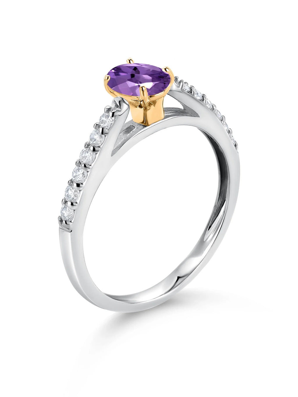925 Sterling Silver 10K Yellow Gold Purple Amethyst White Lab Grown Diamond Engagement Ring (0.63 Cttw, Oval 6X4MM) D221579
