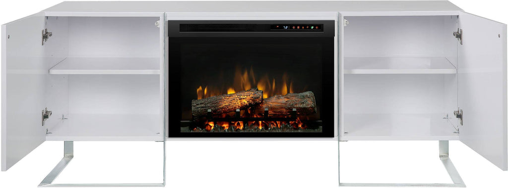 Gloss White Media Console Fireplace with Logs W896020