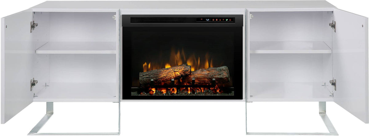 Gloss White Media Console Fireplace with Logs W896020