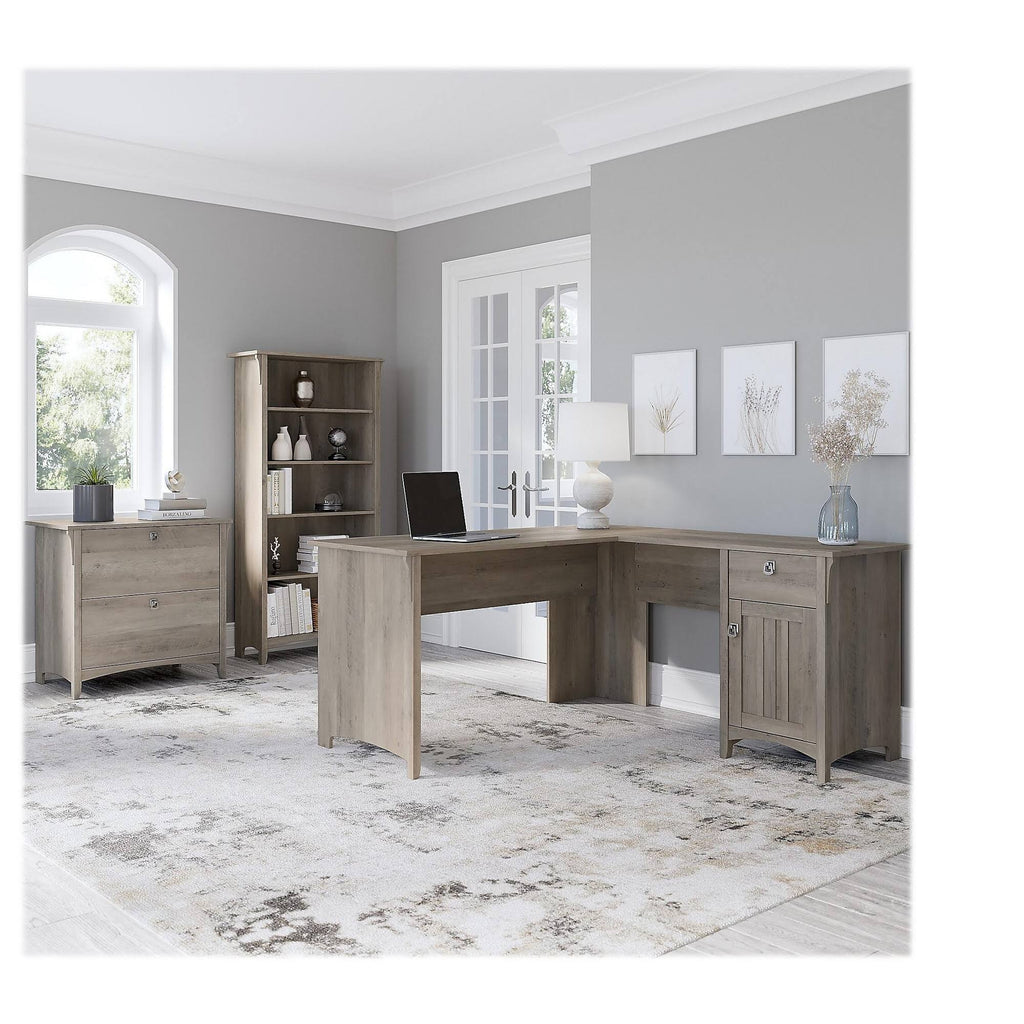 L Shaped Desk with Lateral File Cabinet and 5 Shelf Bookcase, Driftwood Gray V750826