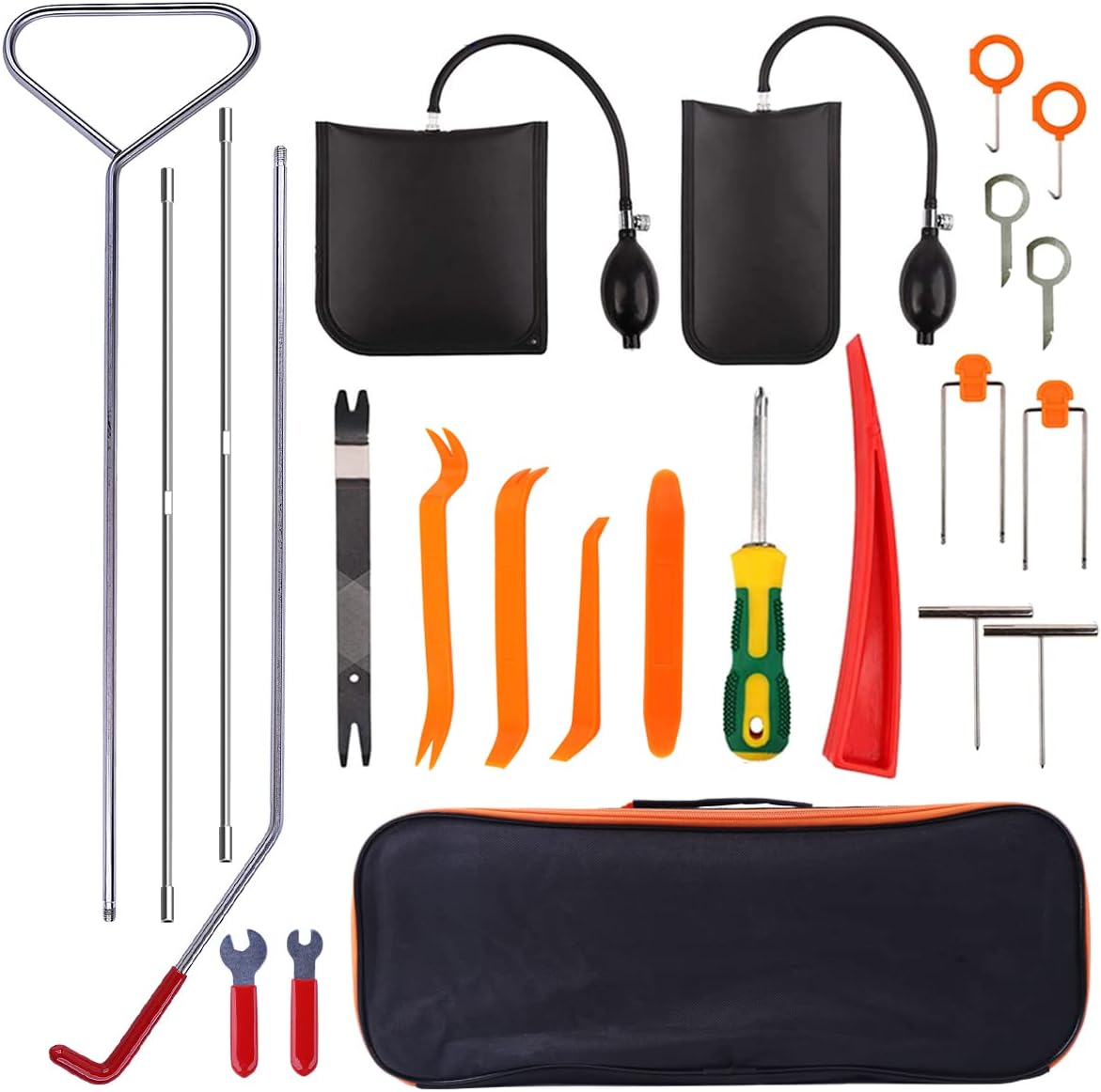 24 PC Car Tool Kit with Non Marring Wedge Air Pump Bag Stainless Steel Long Reach Tools L170922