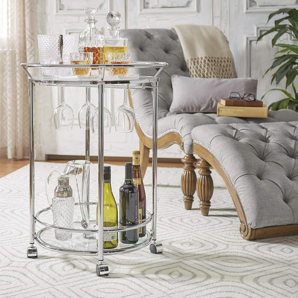 Round Chrome Metal Glass Top Bar Cart O713