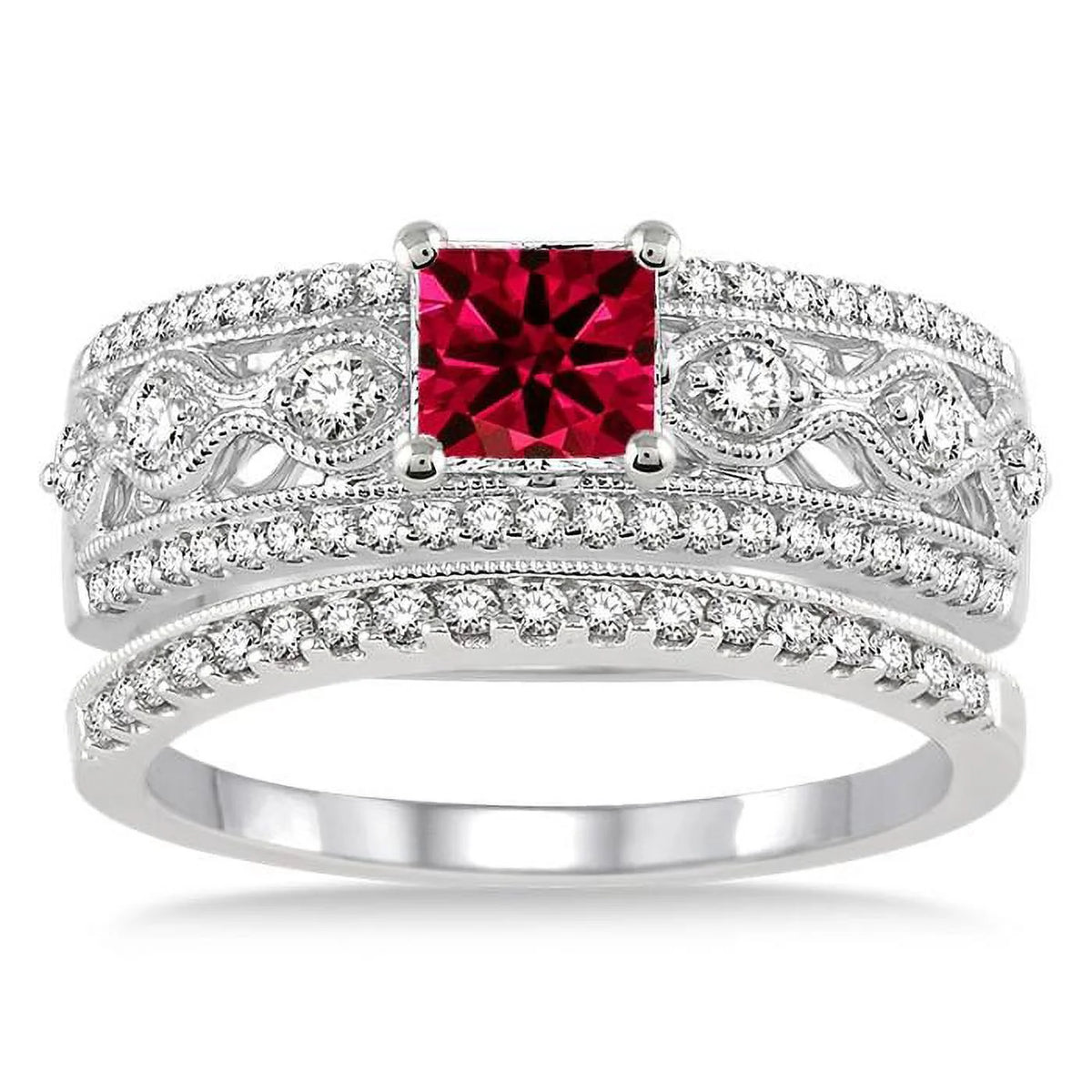 Red Ruby Princess Cut Bridal Set Engagement Ring on 10k White Gold M9519