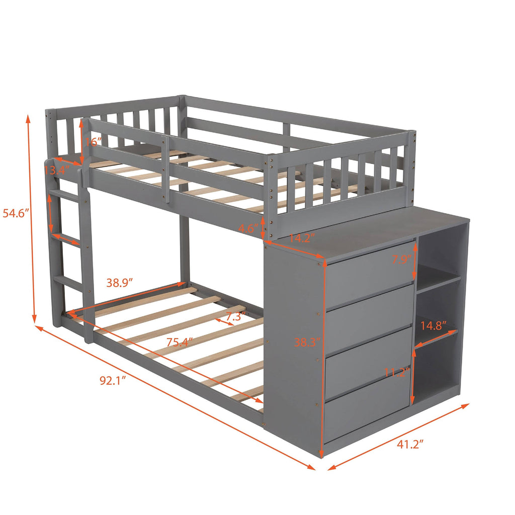 Gray Twin Over Twin Bunk Bed with 4 Drawer Storage Cabinet W64664