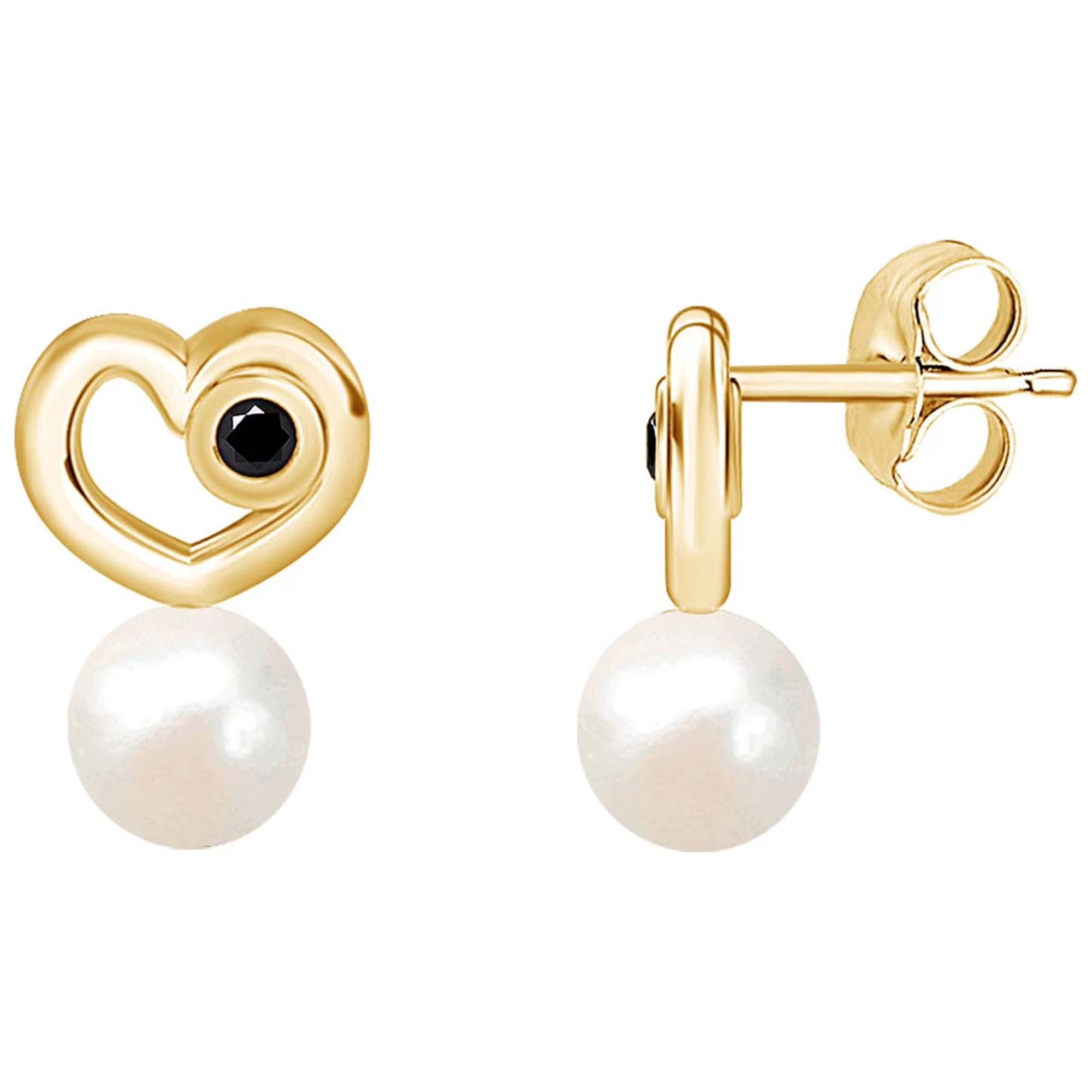 14k Yellow Gold Over Sterling Silver Round Black Natural Diamond & Freshwater Pearl Heart Stud Post Earrings K91391