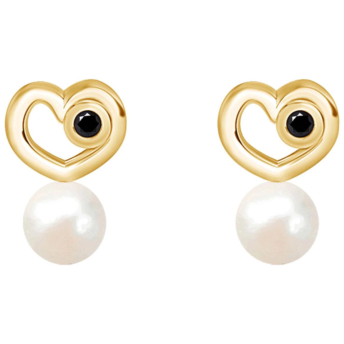 14k Yellow Gold Over Sterling Silver Round Black Natural Diamond & Freshwater Pearl Heart Stud Post Earrings K91391