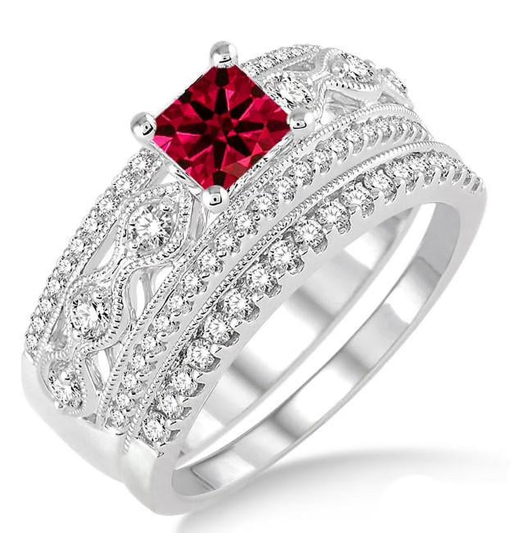 Red Ruby Princess Cut Bridal Set Engagement Ring on 10k White Gold M9519