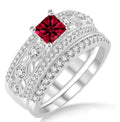 Red Ruby Princess Cut Bridal Set Engagement Ring on 10k White Gold M9519