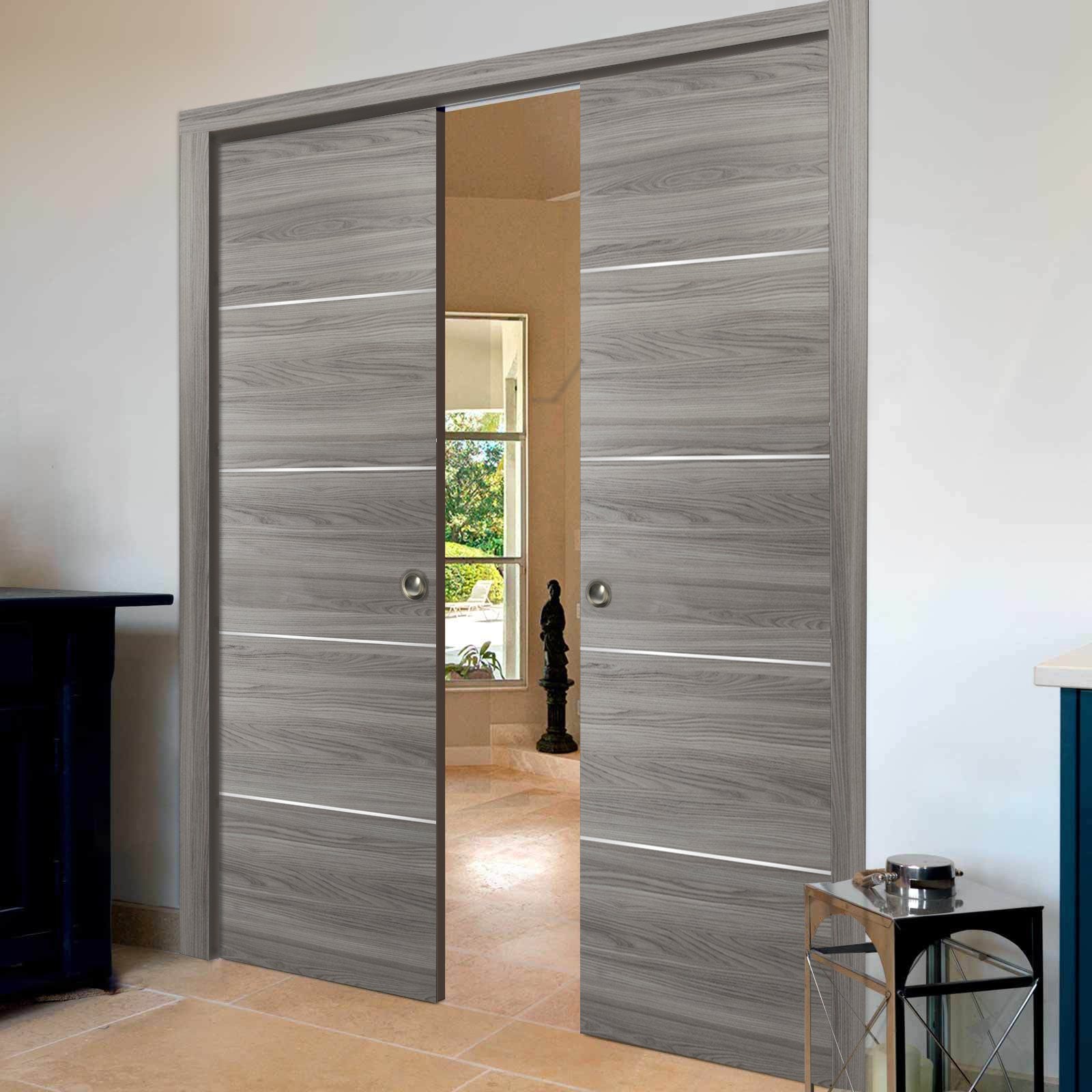 Sliding Grey Doors 48 x 80 with Strips A3072