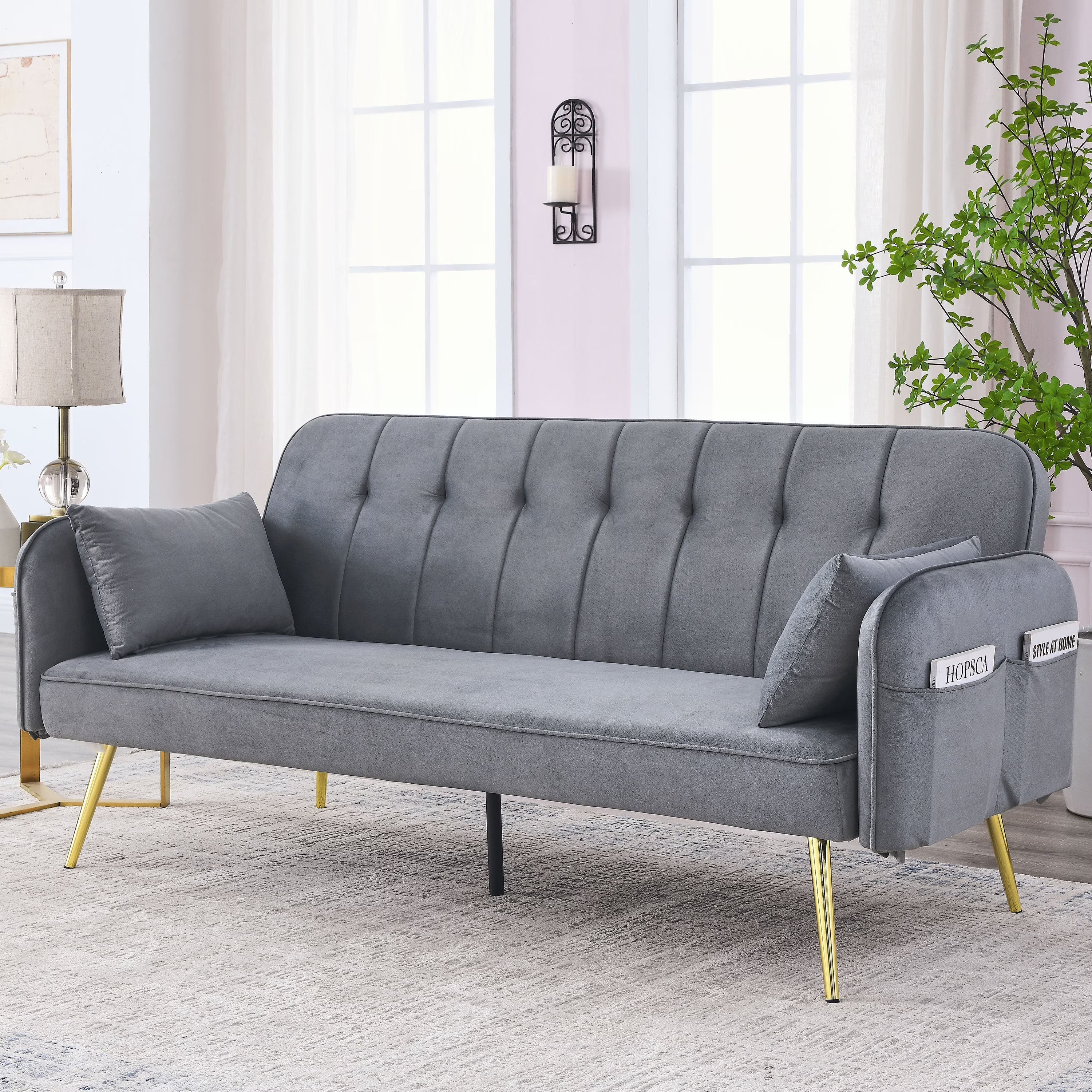Grey Convertible Velvet Sofa Bed I692