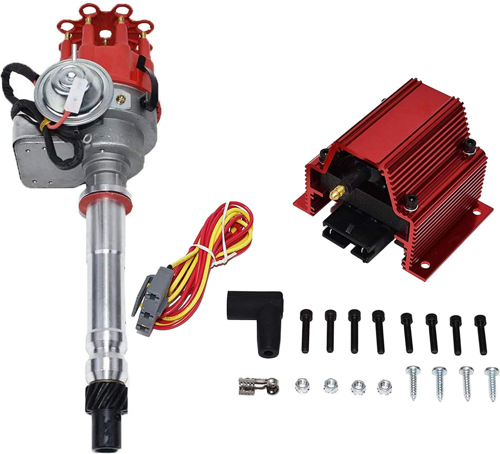 Red Cap Distributor Coil and Red 8mm Spark Plug Wires Set U945