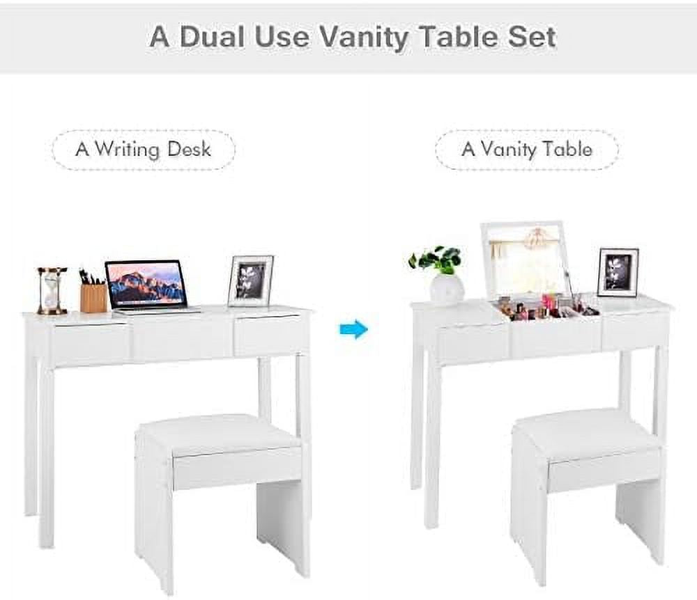White Vanity Set with Flip Top Mirror and Cushioned Stool E7305