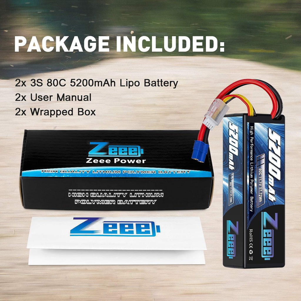 3S Lipo Battery 5200mAh 11.1V 80C with EC3 Plug Hard Case Battery (2 Pack) M721950