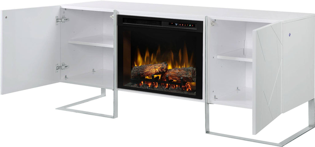 Gloss White Media Console Fireplace with Logs W896020