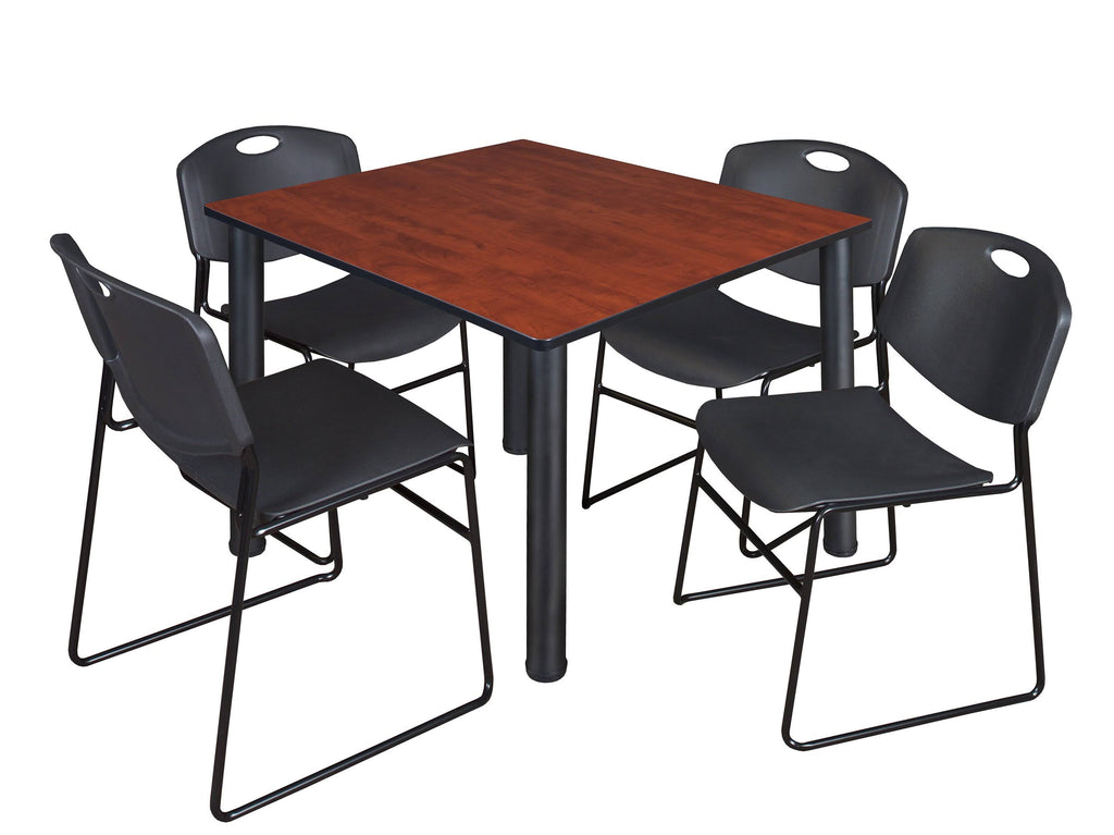 Cherry Black Square Breakroom Table with 4 Stack Chairs F633993