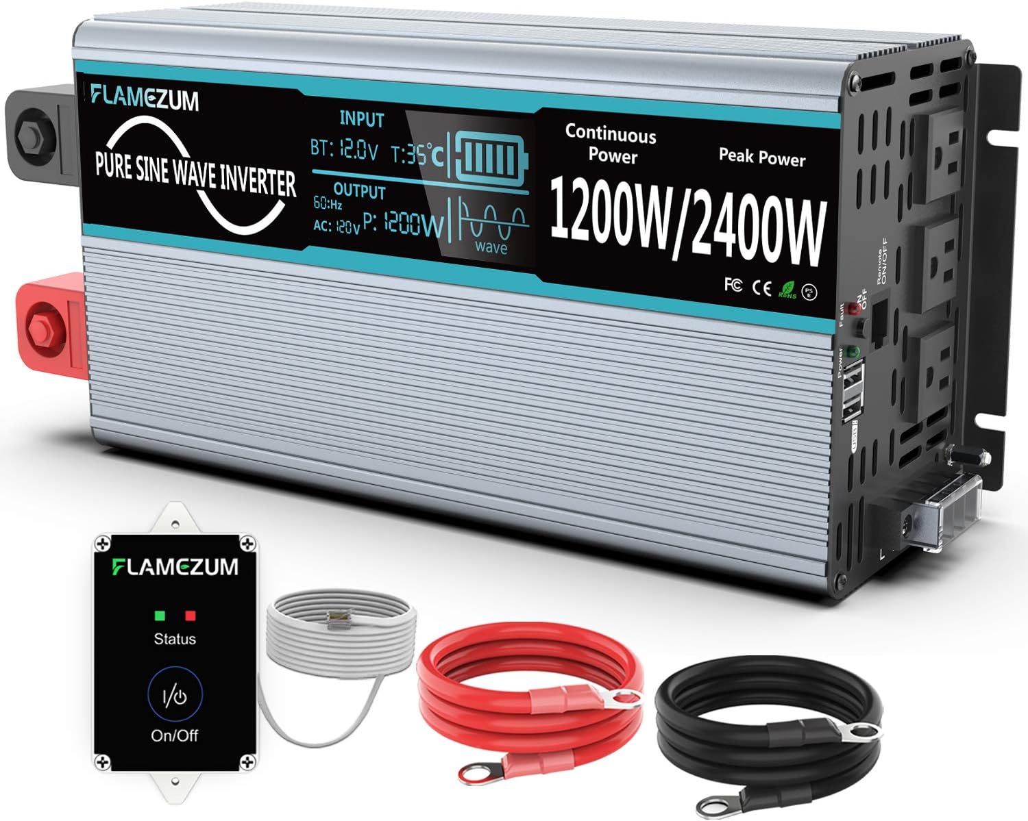 1500 Watt 12V DC to 110V AC Power Inverter with 3 AC Outlets and 2 USB Ports G865533