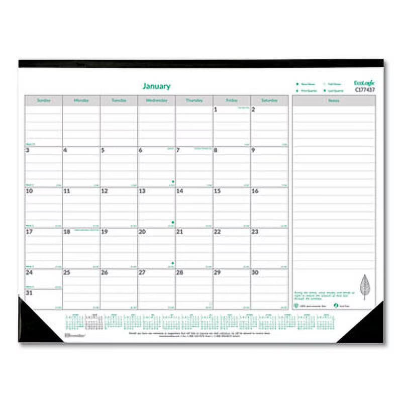 Monthly Desk Pad Calendar, 22 x 17, White/Green Sheets, Black Binding, 12-Month H81187