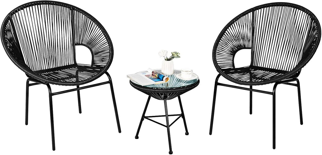 3 Piece Black Outdoor Patio Bistro Set with Tempered Glass Table M334