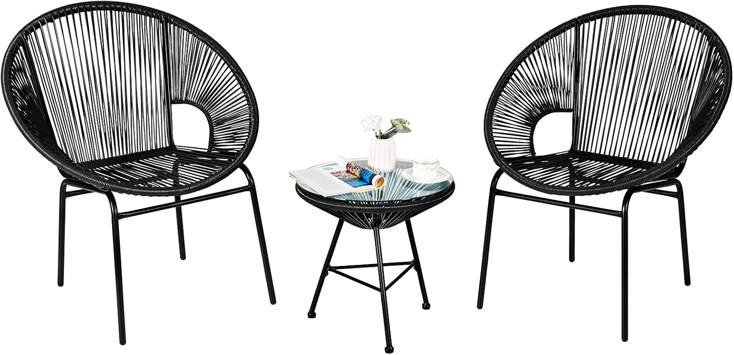 3 Piece Black Outdoor Patio Bistro Set with Tempered Glass Table M334