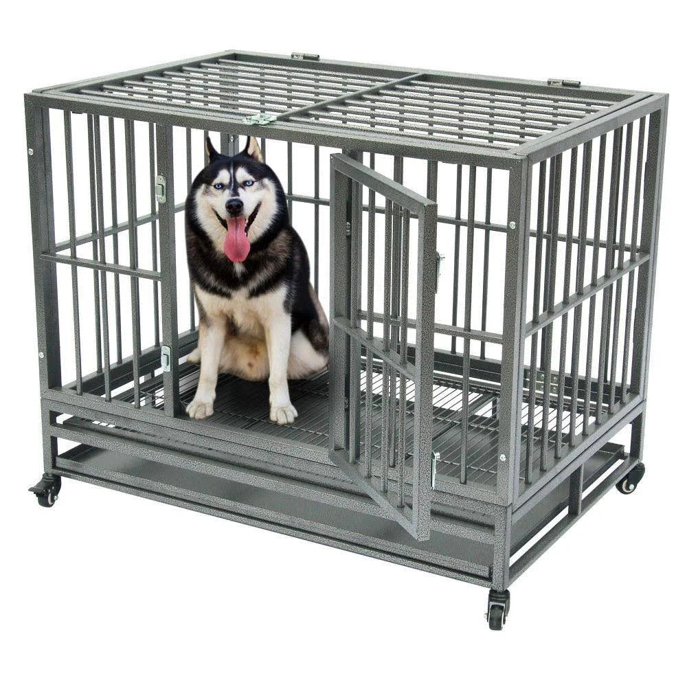 Silver Double-Door Dog Crate Kennel with Tray E219