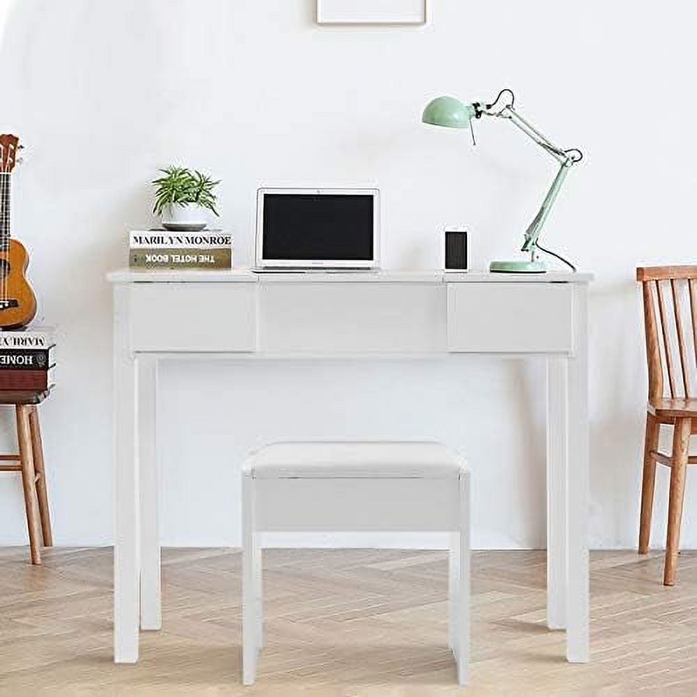 White Vanity Set with Flip Top Mirror and Cushioned Stool E7305