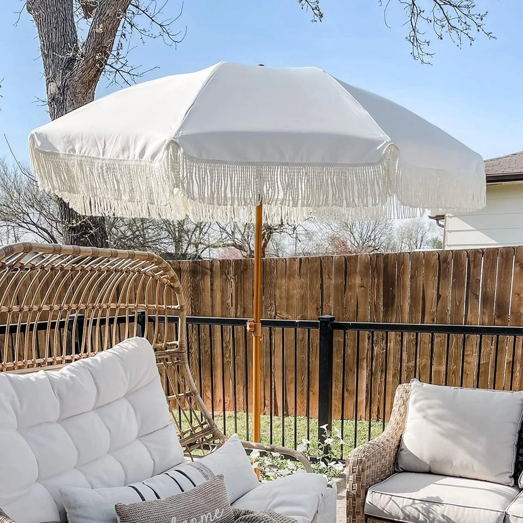 White Cream 7ft Patio Umbrella with Fringe L1201