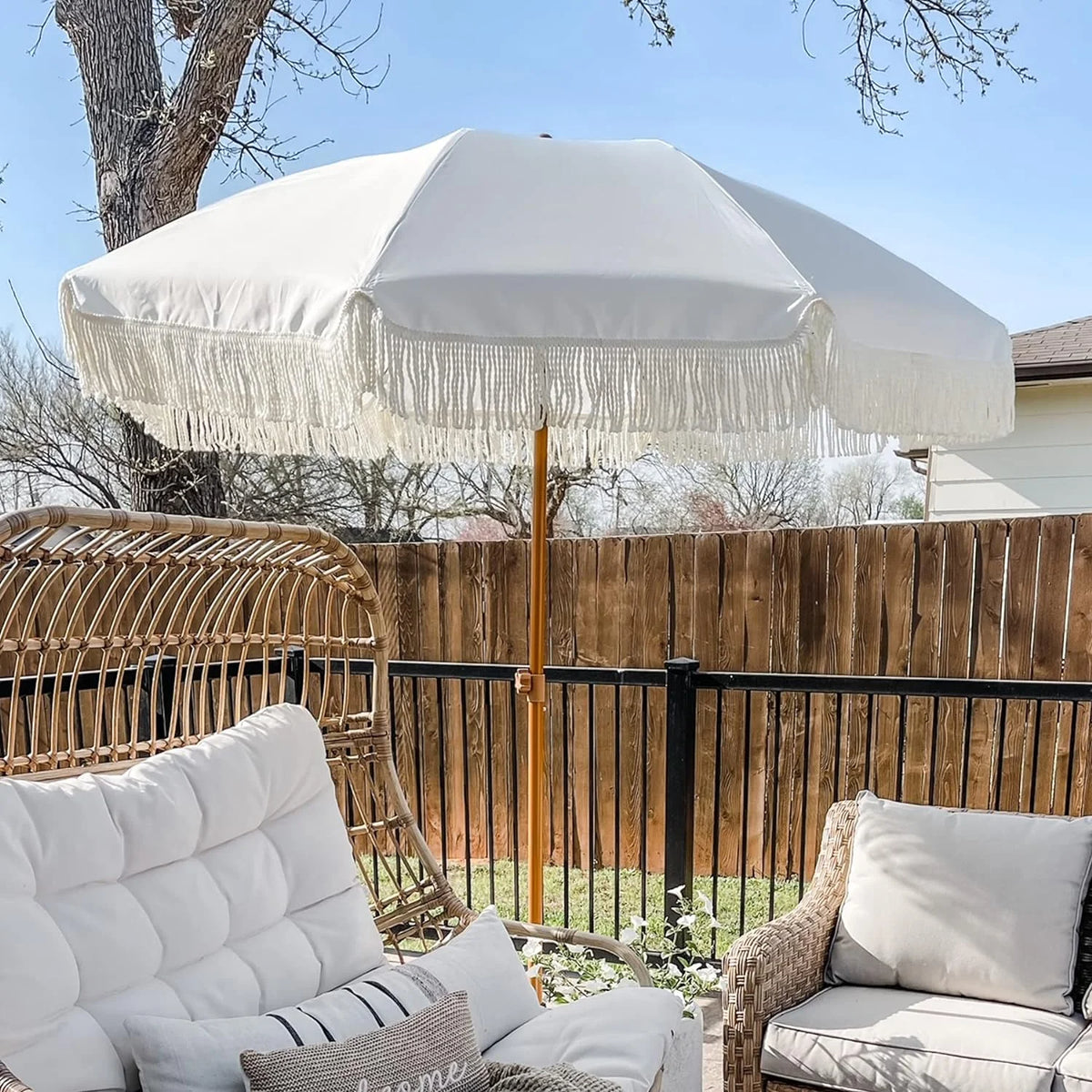 White Cream 7ft Patio Umbrella with Fringe L1201
