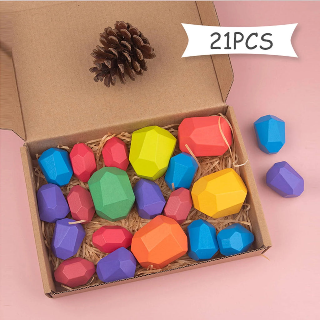 Wooden Stone Building Block Stacking Game Rainbow Toy V318081