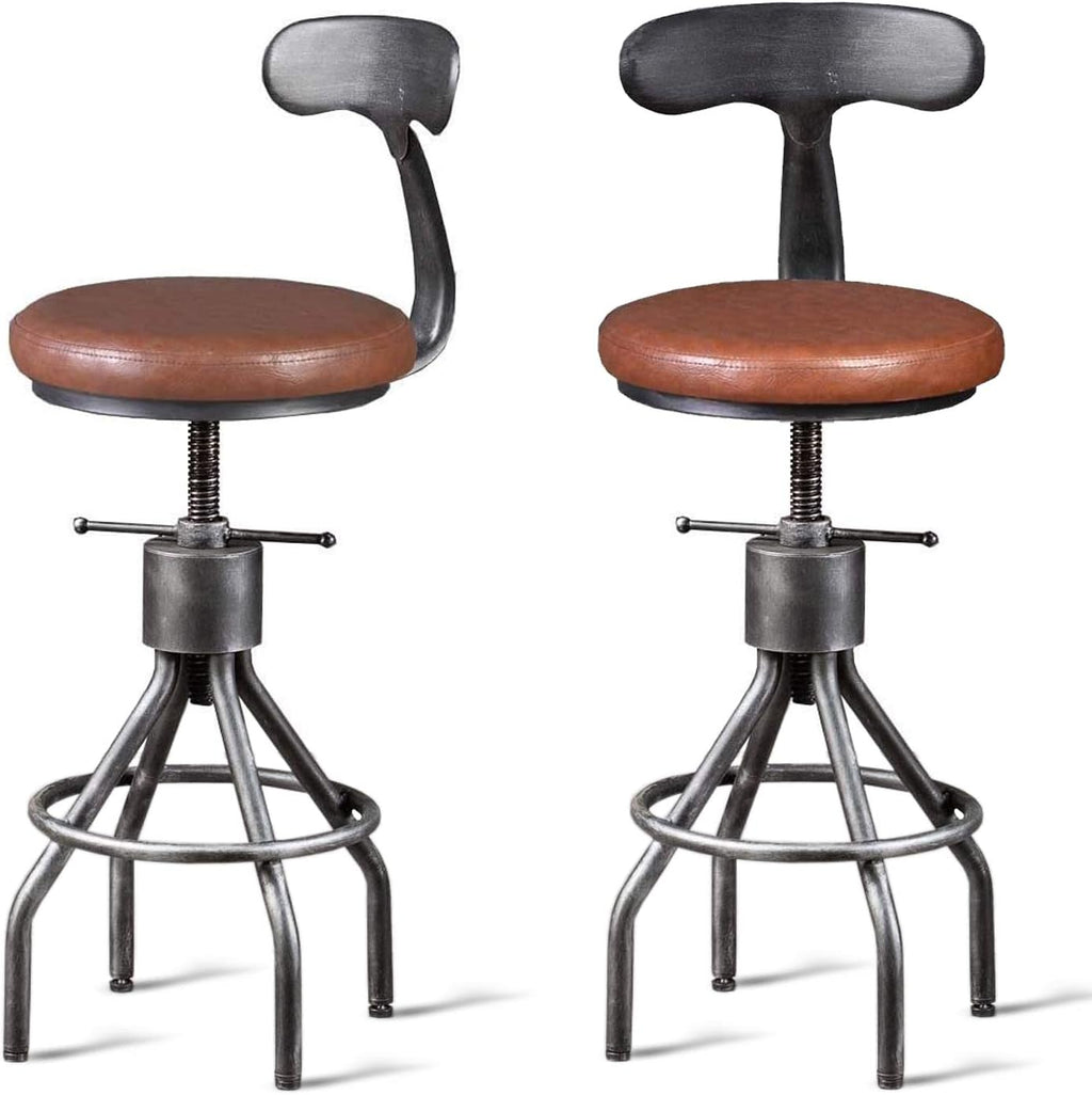 Industrial Vintage Bar Stool, Adjustable Pipe Stool, Cast Iron Stool, Swivel Bar Stool with Backrest, Metal Stool, Silver, Set of 2 F626