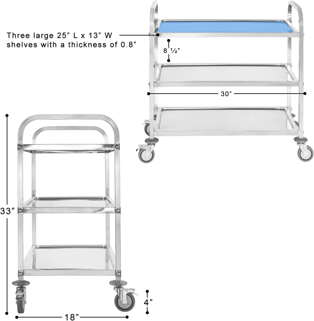 Stainless Steel 3 Tier Rolling Utility Cart with Swivel Locking Wheels H542508
