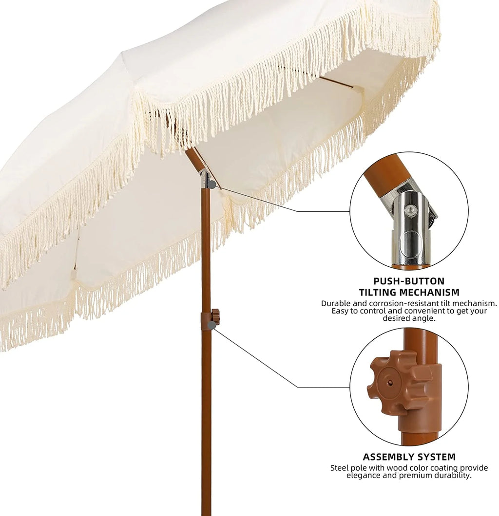 White Cream 7ft Patio Umbrella with Fringe L1201