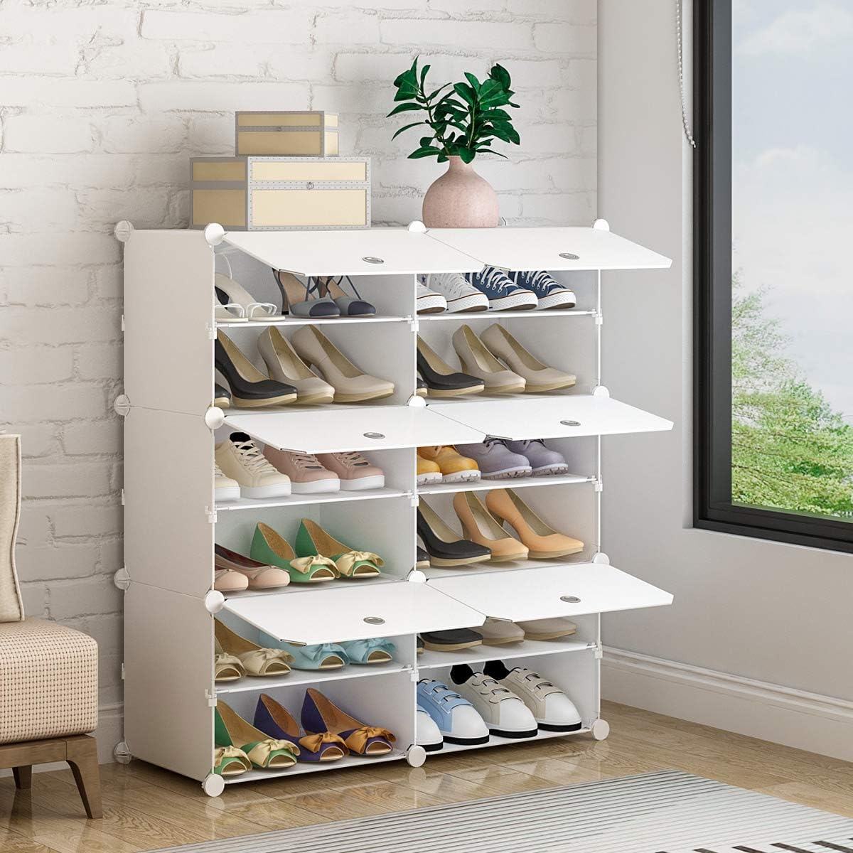 White 72 Pair Plastic Shoe Rack with Doors E775