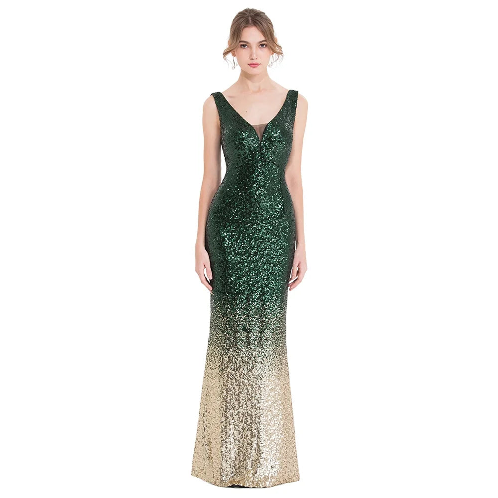 Green Gold V Neck Sequin Mother of Bride Dresses B4691