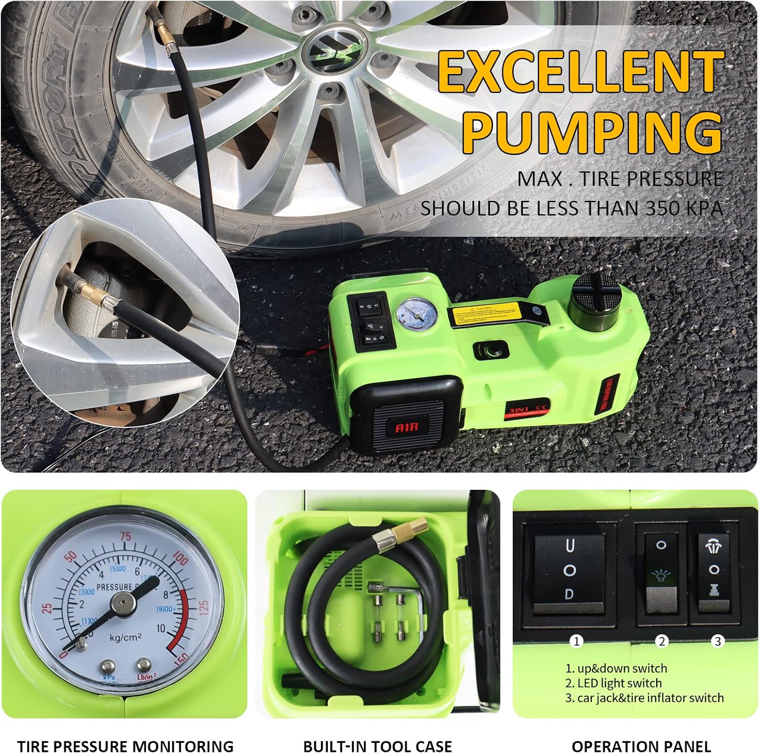 5T Hydraulic Electric Car Jack with Impact Wrench, Tire Inflator and LED Light C378747