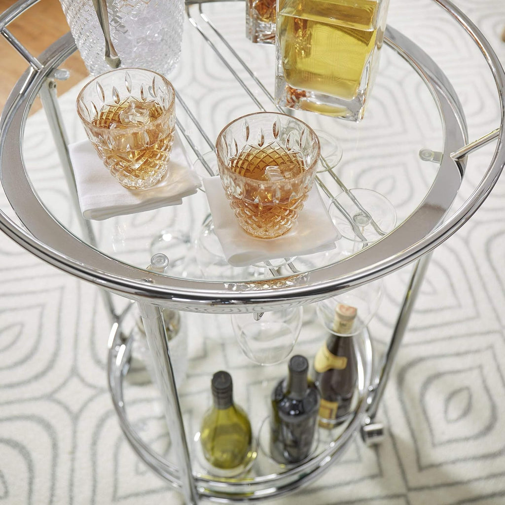 Round Chrome Metal Glass Top Bar Cart O713
