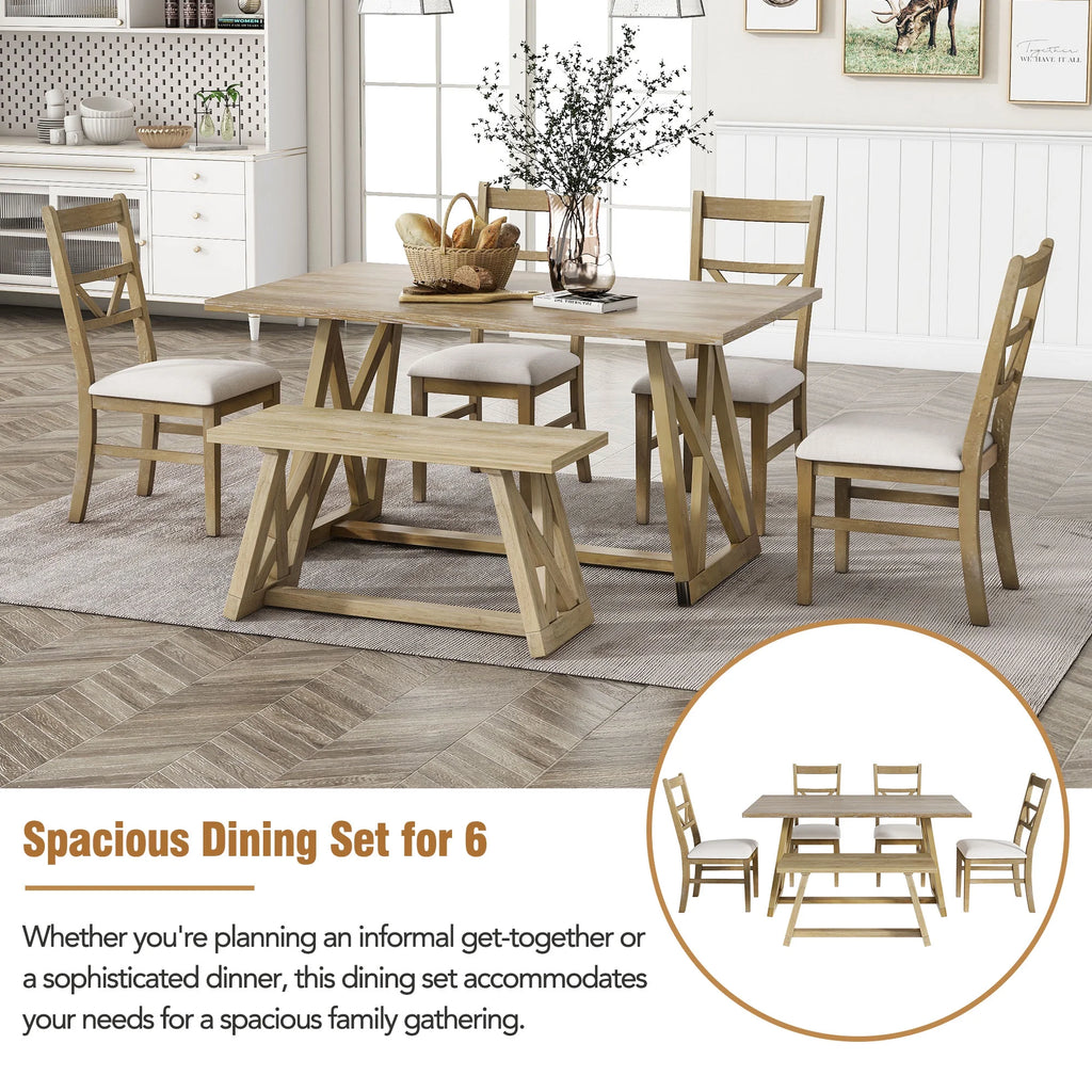 Farmhouse Wood Rectangular Dining Table with Cross Legs, 4 Upholstered Chairs and Bench K3820