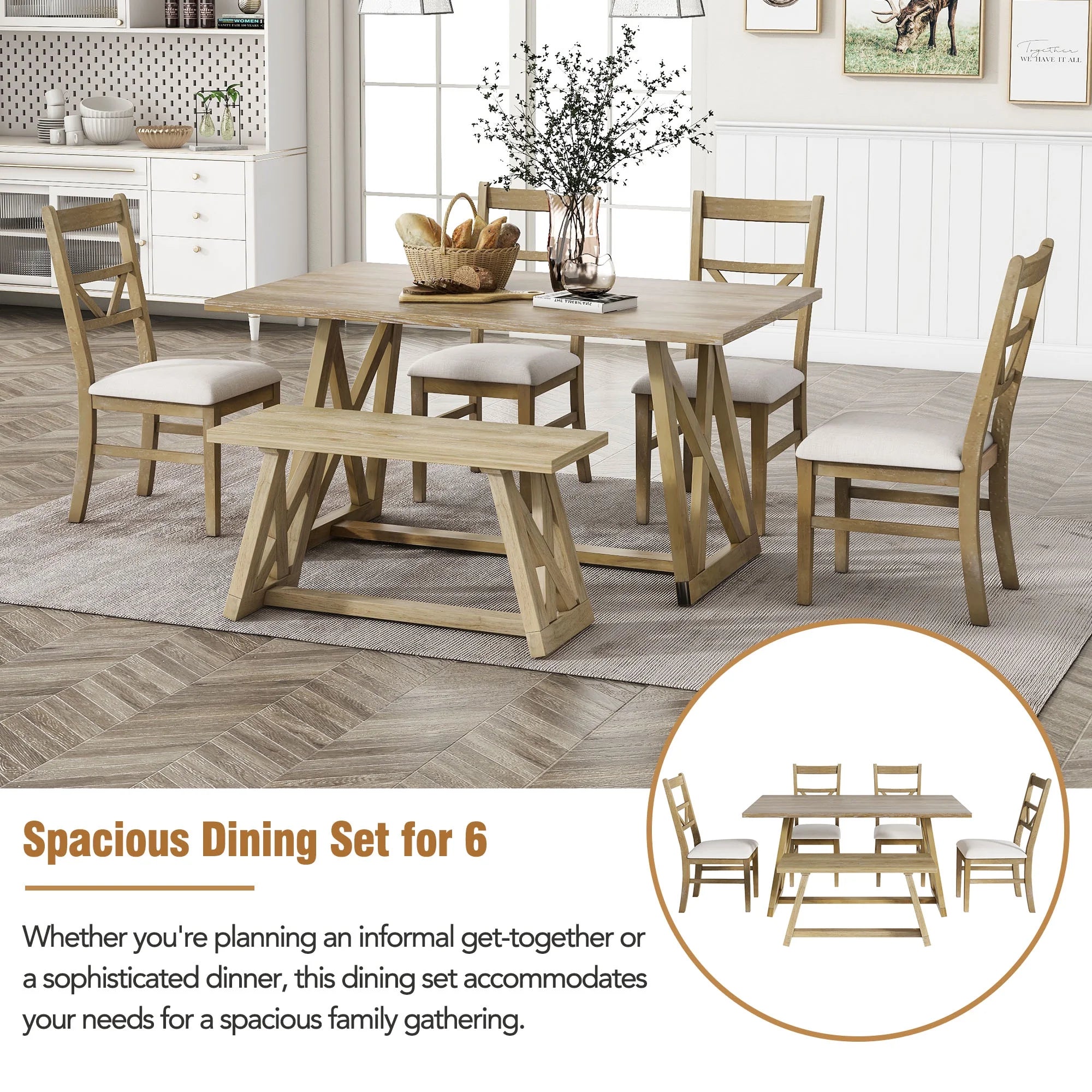 Farmhouse Wood Rectangular Dining Table with Cross Legs, 4 Upholstered Chairs and Bench K3820
