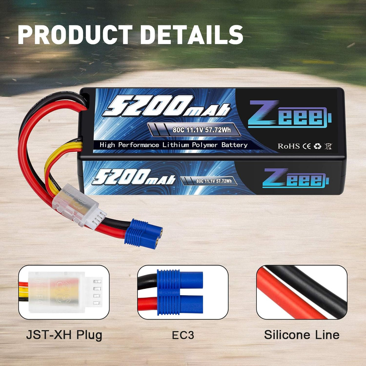 3S Lipo Battery 5200mAh 11.1V 80C with EC3 Plug Hard Case Battery (2 Pack) M721950