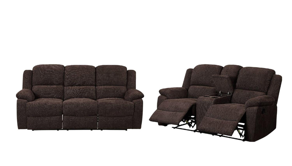 Brown Chenille Sofa and Loveseat with Console B7109