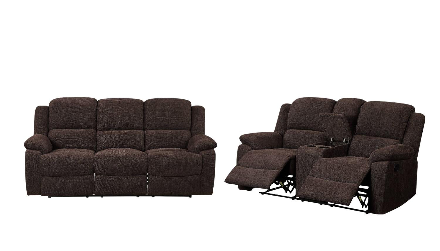 Brown Chenille Sofa and Loveseat with Console B7109
