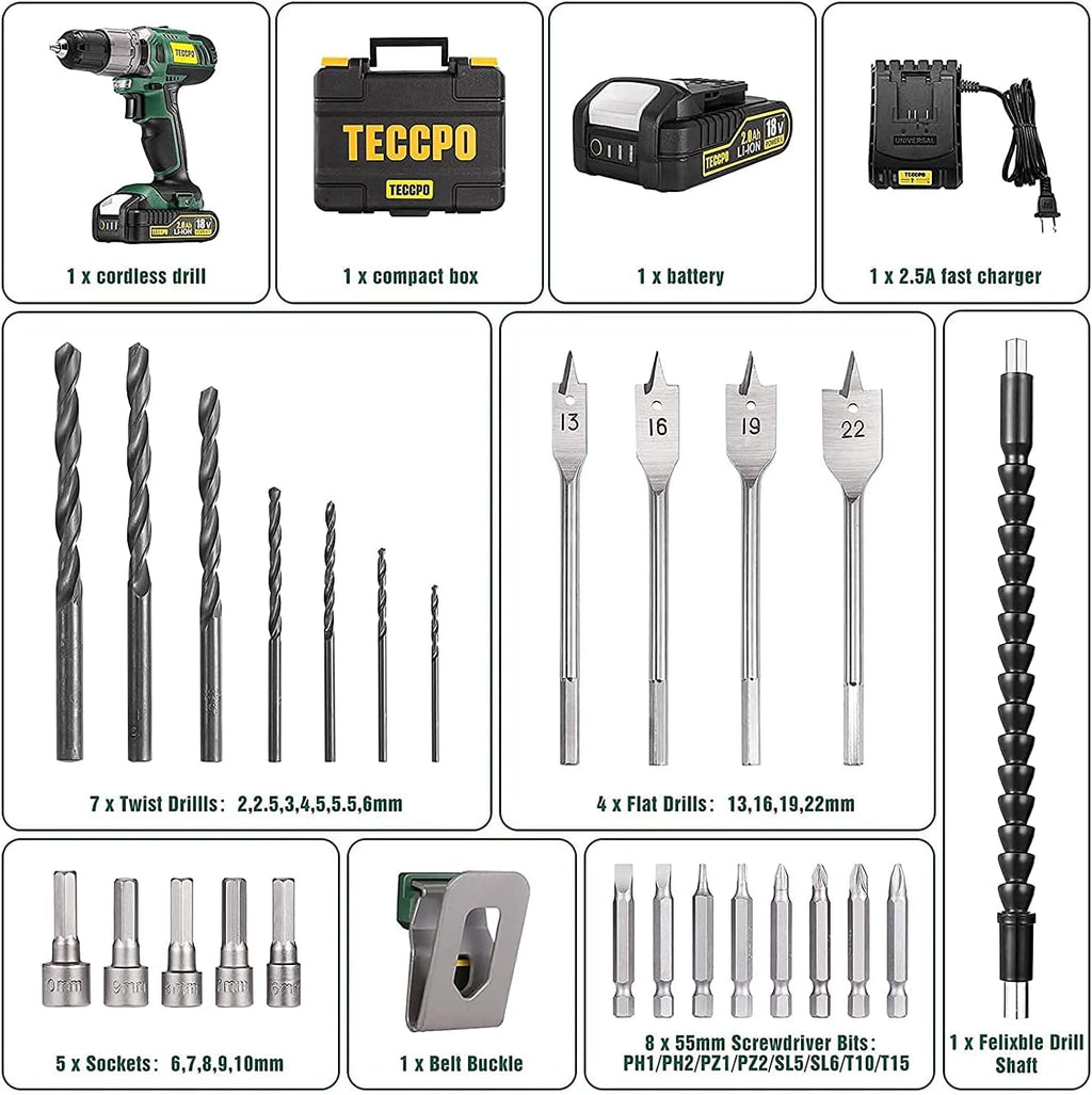 Cordless Drill Set, 29Pcs Power Drill Set, 310 In-lbs, 2-Speed, 21+1 Torque Setting, 2.0Ah Battery & Fast Charger T481