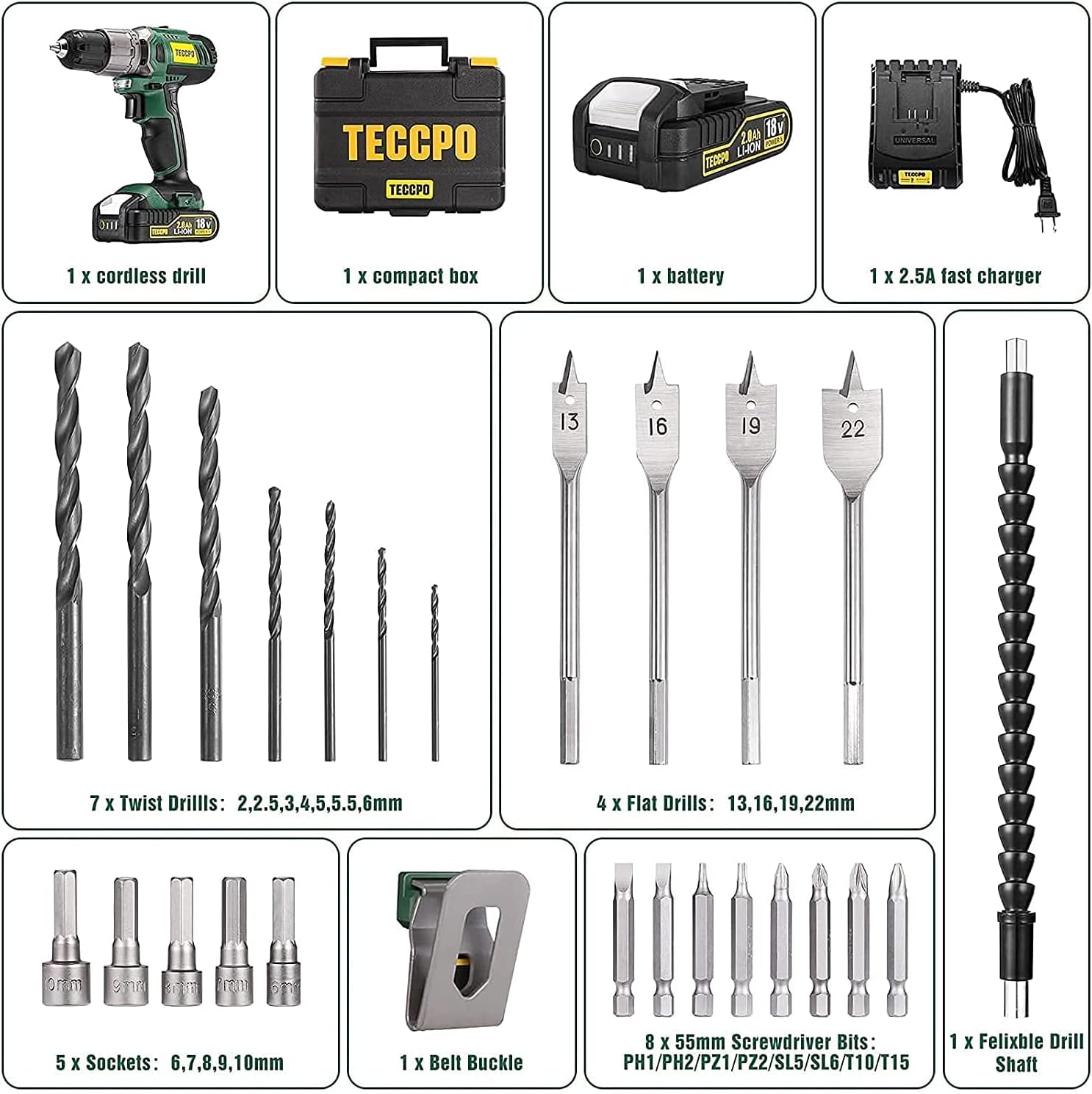 Cordless Drill Set, 29Pcs Power Drill Set, 310 In-lbs, 2-Speed, 21+1 Torque Setting, 2.0Ah Battery & Fast Charger T481